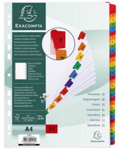 Jeu de 31 Intercalaires numériques avec touches couleurs - 1 à 31 - 225 x 297 mm : EXACOMPTA