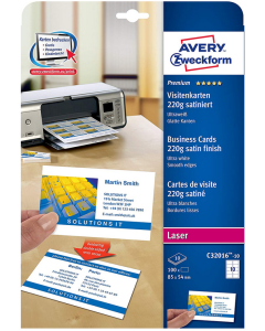 AVERY C32016-10 : Lot de 100 cartes de visite blanc satiné - 220g m²