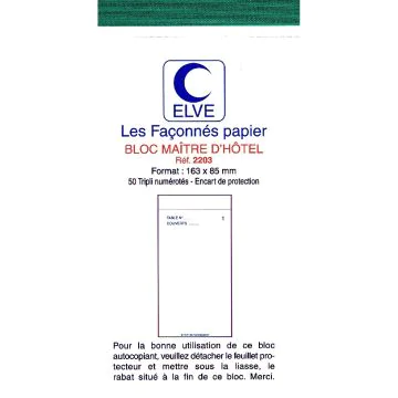 Bloc MAITRE D'HOTEL Autocopiant Tripli - 165 x 85 mm Restaurant ELVE 2203