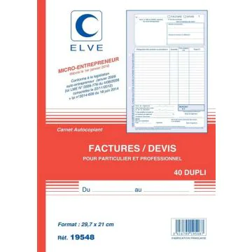 ELVE Carnet  autocopiant Dupli  Facturier Auto-entrepreneur 