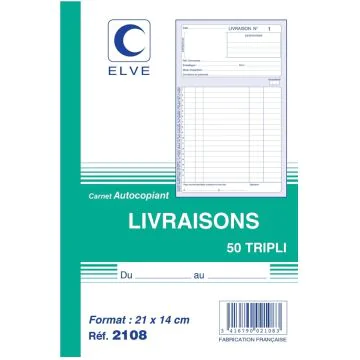 Bon de Livraison Carnet autocopiant Tripli A5 Elve 2108