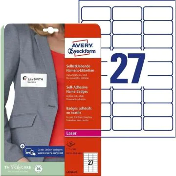 AVERY : Lot de 540 badges adhésifs pour textile L4784-20.FR