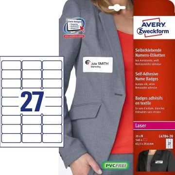 AVERY : Lot de 540 badges adhésifs pour textile L4784-20.FR