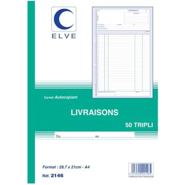 Photo Carnet bons de livraison 297 x 210 mm - A4 Autocopiant Tripli ELVE