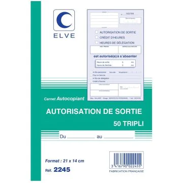 Photo Carnet d'autorisation de sortie autocopiant Tripli - 210 x 140 mm ELVE