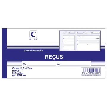 RECUS SANS TVA : Carnet avec souche (Elve) Modèle